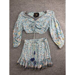 Z&L 2 Piece Set Womens Medium Blue Floral Boho Crop Top Mini Skirt Ruffle Hem
